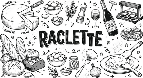 Hand-Drawn Raclette Cheese and Food Elements Doodle Illustration