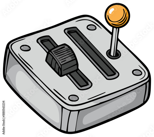 Cartoon illustration of a metallic control panel with gear shift lever and gear selector in cartoon style