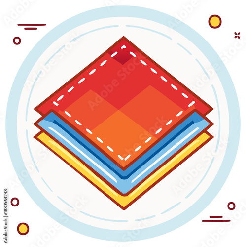 Stack of multi colored layers of cloth or fabric in red, orange, blue and yellow color