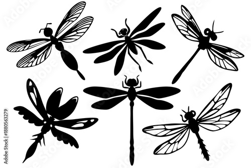 Black dragonfly silhouettes in various poses, isolated on white background