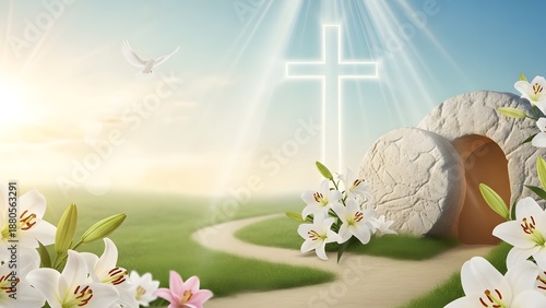 Easter day background with cross and empty tomb on a sunny day with lilies