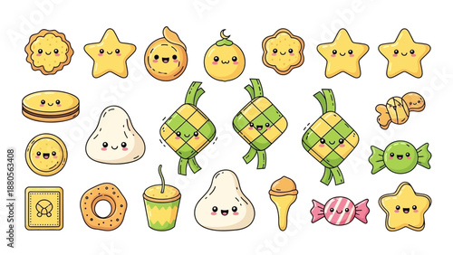 Cute Kawaii Food Characters: Cookies, Stars, Ketupat, Candy, Drinks