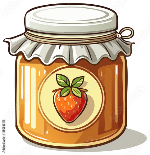 Homemade strawberry jam in a glass jar illustration with a fruit label