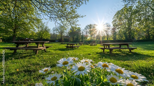 Tranquil Park Scene with Sunlight Shining Over Picnic Tables