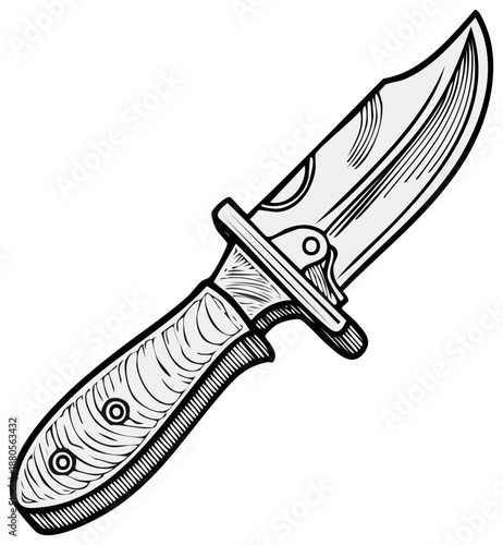 Stylized illustration of a camping knife with a sharp blade and textured handle