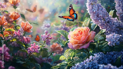 Colorful Butterfly Fluttering Over Blooming Floral Garden Scene