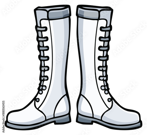 Pair of classic white knee-high boots with eyelets, rendered in clean vector illustration style.