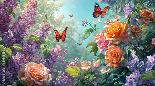 Colorful Garden with Butterflies and Vibrant Blooming Flowers