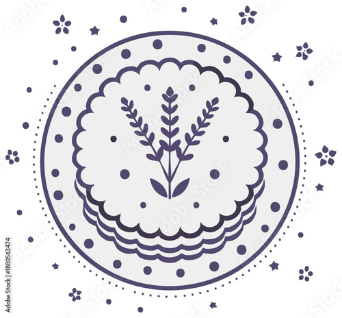 Decorative circular design with stylized lavender sprig and whimsical floral elements