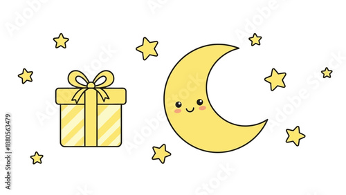 Cute Kawaii Moon and Gift Box with Stars