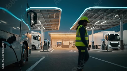 Electric trucks charge at station with solar canopy at night. Trucks park under charging station canopy. Electric vehicle station serves truck fleet. Modern charging depot with solar canopy.