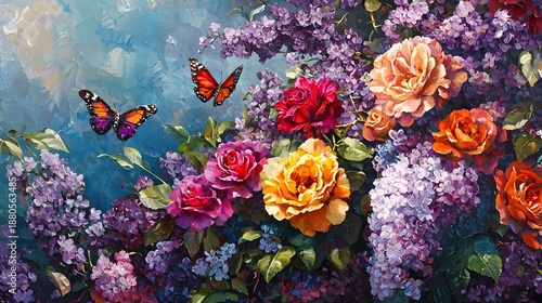 Colorful Floral Arrangement with Butterflies in Bright Garden Scene