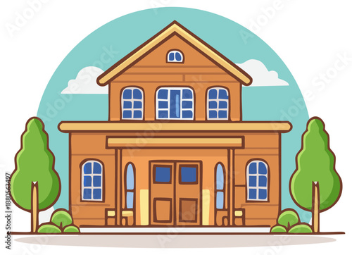 Charming Two-Story Wooden House with Blue Windows and Green Trees Vector Illustration