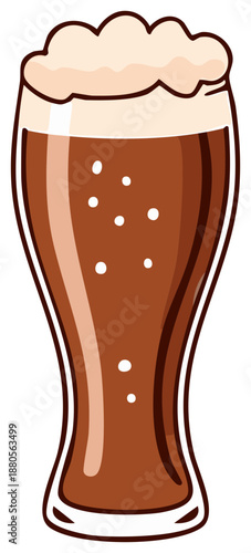 Refreshing glass of dark beer with frothy foam and bubbles simple cartoon illustration