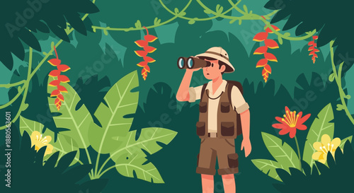 Man Exploring Tropical Jungle with Binoculars