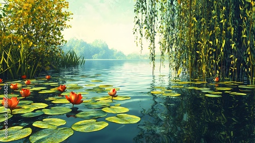 Tranquil Lake Scene with Water Lilies and Lush Greenery