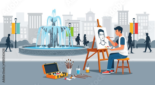 Man painting on an easel in a city park with fountain