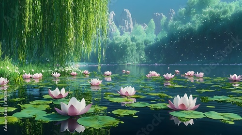 Serene Water Landscape with Lotus Flowers in Tranquil Pond Setting