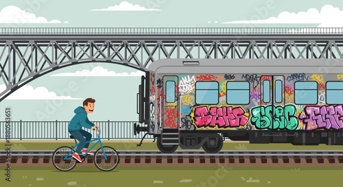 Man riding bicycle alongside graffiti train