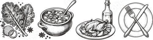 Set of 4 Hand-Drawn Food and Dining Icons Vector