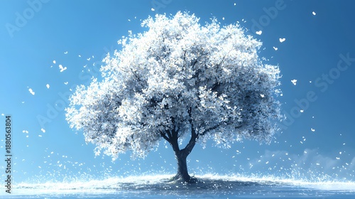 Serene White Blossom Tree Under Bright Blue Sky with Gentle Breeze