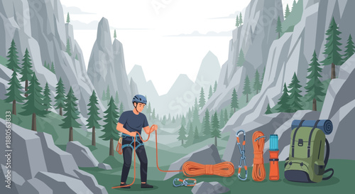 Rock climber preparing gear in mountain landscape