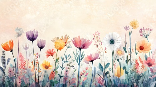 Vibrant Watercolor Floral Background with Colorful Blossoms and Greenery