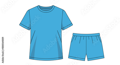 Blue short sleeve pajama set with t-shirt and shorts isolated on white background, simple and comfortable sleepwear illustration
