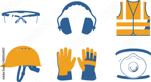 Set of 6 Blue and Orange Personal Protective Equipment Icons Vector