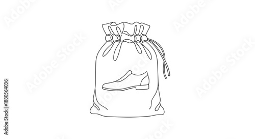 Minimalist illustration of a shoe in a drawstring pouch isolated on a white background, showcasing clean lines and simple design