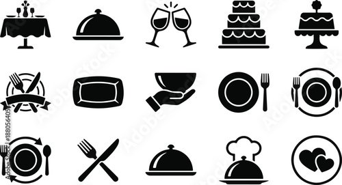 Set of 15 Black Restaurant and Catering Service Icons Vector