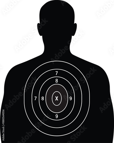 Human silhouette shooting target with scoring rings, law enforcement training concept, firearm practice illustration, accuracy and aim symbol on white background