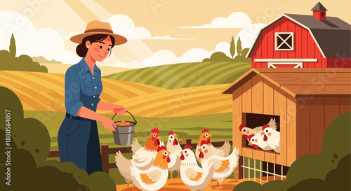 Woman Feeding Chickens on a Farm with a Cozy Barn
