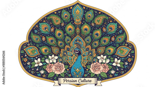 Vibrant peacock with persian floral patterns and roses symbolizing cultural heritage