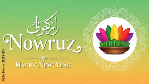 Vibrant nowruz celebration greeting card with sprouting seeds and tulips in bowl on gradient background
