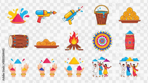 Vibrant holi festival celebration icons with colorful powder water guns snacks and joyful people