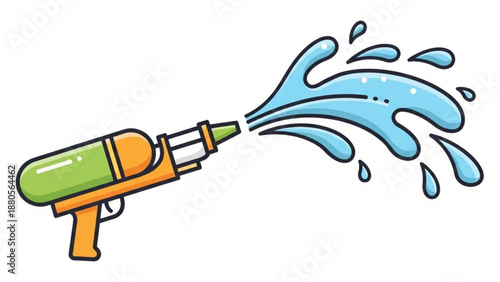 Colorful water gun spraying blue water droplets in playful motion on white background