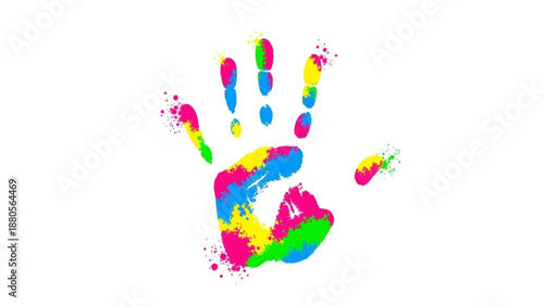 Vibrant multicolored handprint with paint splatters on white background symbolizing creativity and diversity