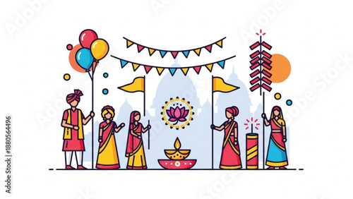 People celebrating diwali with colorful decorations and lights traditional indian festival of lights