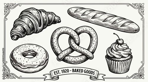 Vintage Engraved Bakery Pastries and Baked Goods Set Vector