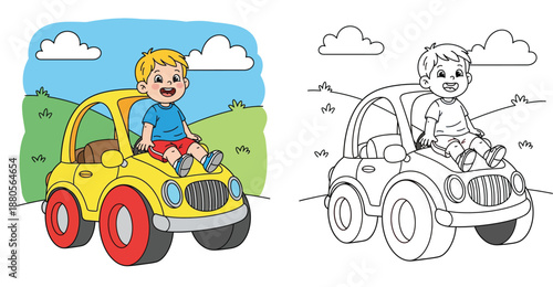 Cartoon happy little boy driving a yellow toy car coloring book page. Vector illustration outline and colored version of a kid playing with vehicle in nature for children education or print.