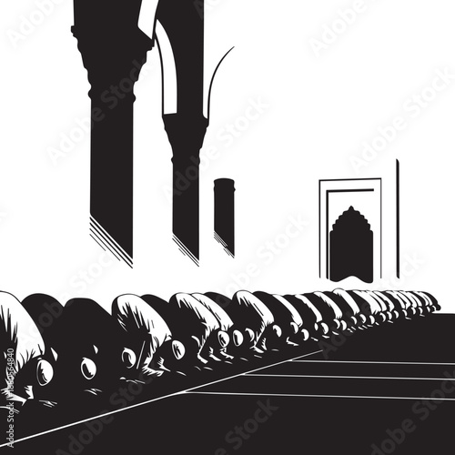Muslims praying Salah in mosque vector illustration architectural structure religious worship