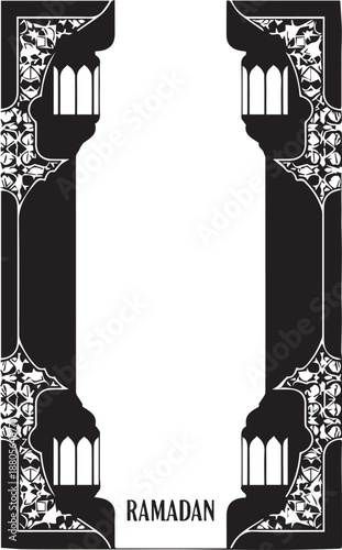 Ramadan calligraphy frame vector illustration with mosque and lantern elements