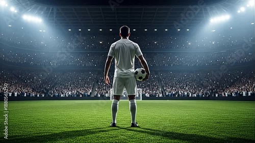 Professional soccer player holding a ball on a stadium field facing a cheering crowd under bright lights