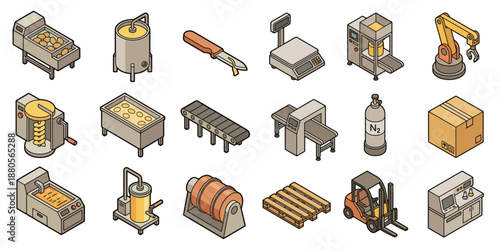 Isometric Potato Chips Factory Packaging and Quality Control Equipment Vector Set