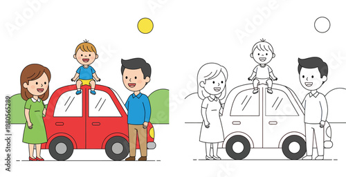 Vector coloring book page of happy family with red car, father and mother standing, little son sitting on roof, summer travel vacation concept, colorful and outline version.
