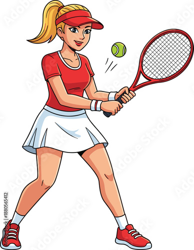 Cartoon female tennis player preparing backhand stroke with racket, dynamic sports illustration, athletic theme, transparent background graphic