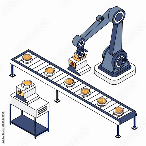 Automated smart food production line with advanced robotics and conveyor systems for efficient manufacturing.