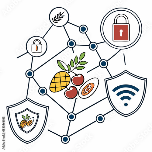 Smart food industry cybersecurity technology concept, protecting digital assets and data from online threats in food production.