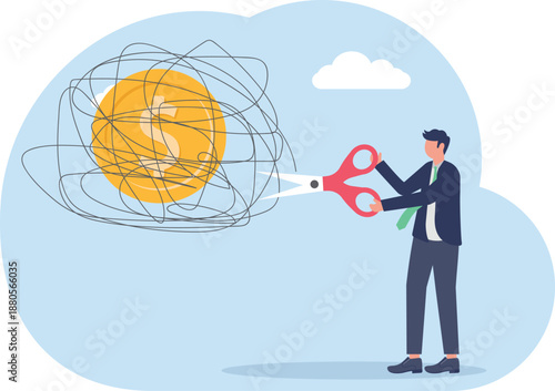 Businessman Cutting Financial Chaos Tangle with Scissors